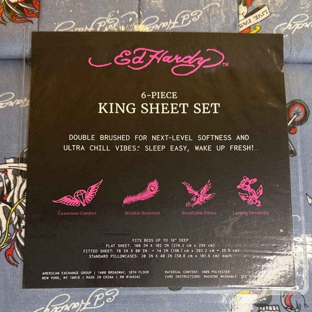 Ed Hardy Blue King Sheet Set with Skulls and Motorcycles